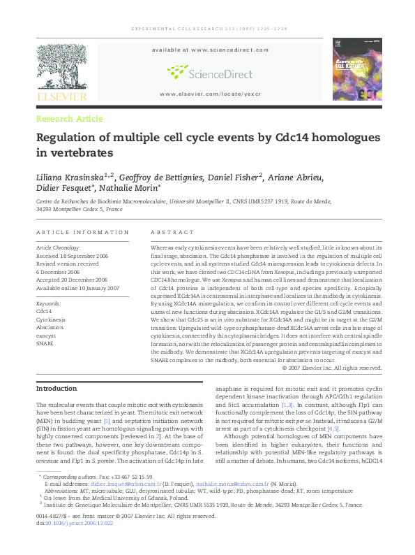 (PDF) Regulation of multiple cell cycle events by Cdc14 homologues in ...