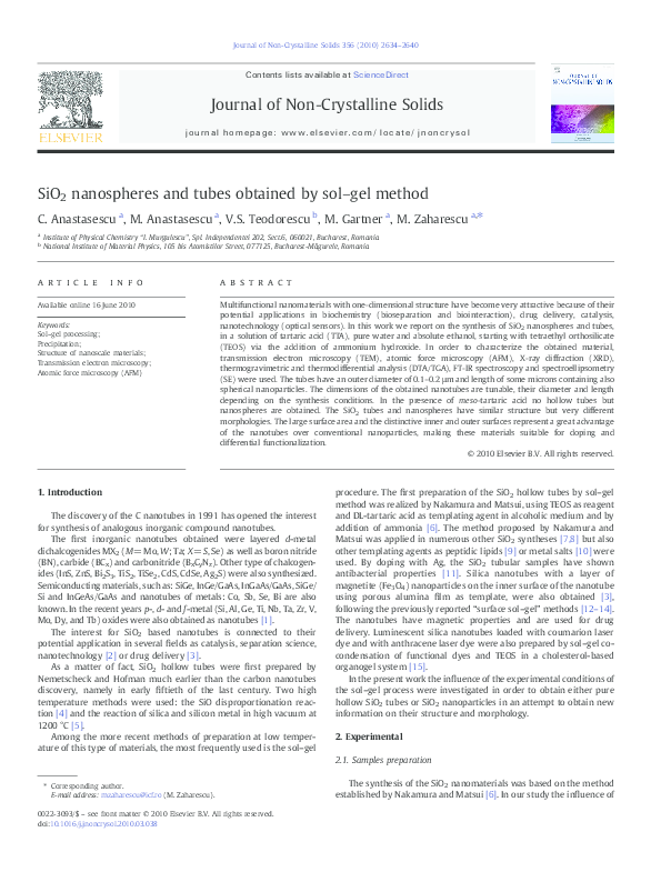 (PDF) SiO2 nanospheres and tubes obtained by sol–gel method