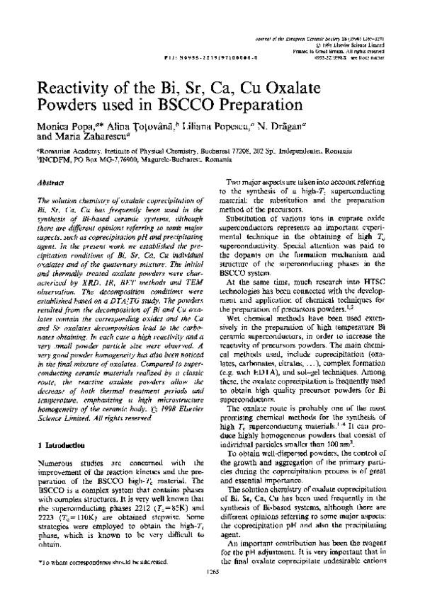 (PDF) Reactivity of the Bi, Sr, Ca, Cu oxalate powders used in BSCCO ...