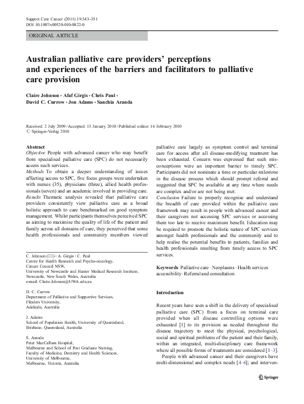 Pdf Australian Palliative Care Providers Perceptions And Experiences Of The Barriers And Facilitators To Palliative Care Provision Christine Paul Academia Edu