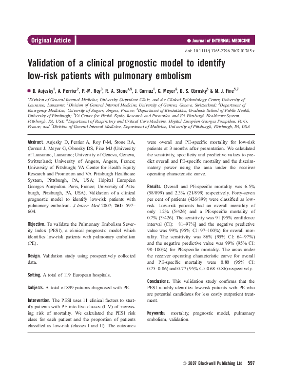 (PDF) Validation of a clinical prognostic model to identify low-risk ...