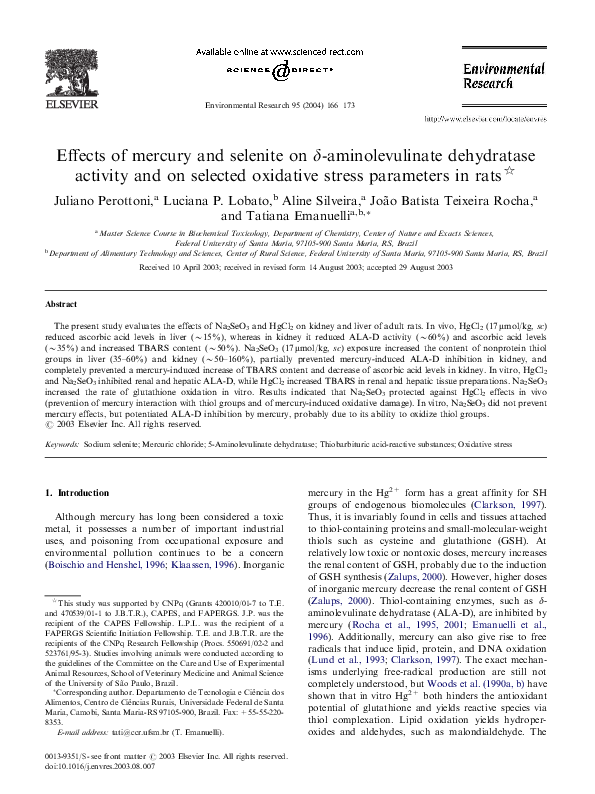 (PDF) Effects of mercury and selenite on δ-aminolevulinate dehydratase ...