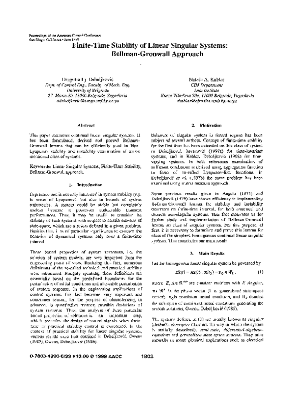 (PDF) Finite-time stability of linear singular systems: Bellman ...