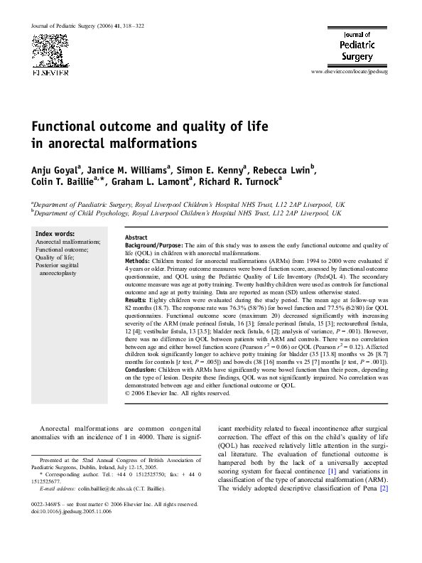 (PDF) Functional outcome and quality of life in anorectal malformations