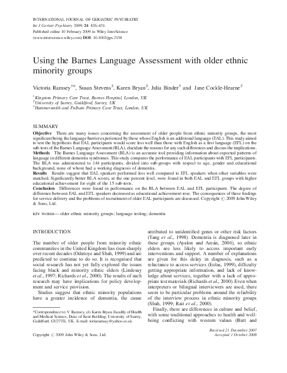 (PDF) Using the Barnes Language Assessment with older ethnic minority ...