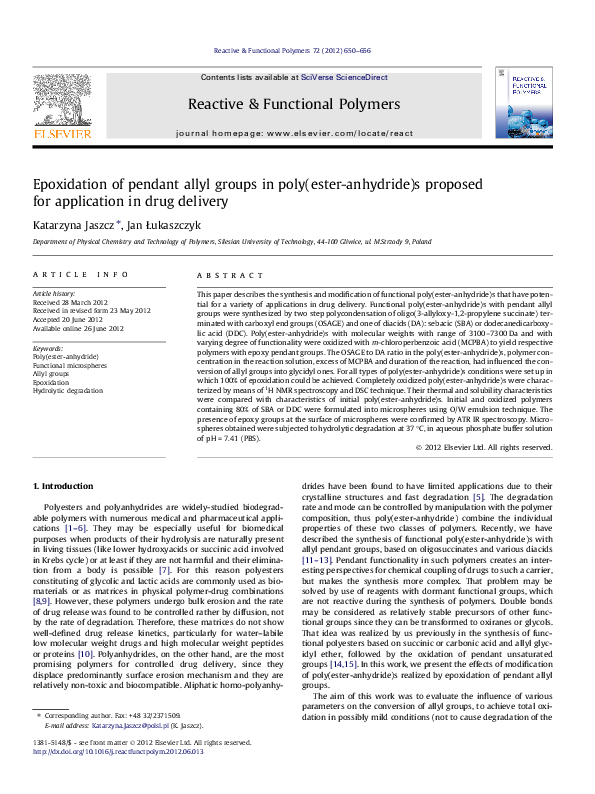 (PDF) Epoxidation of pendant allyl groups in poly(esteranhydride)s proposed for application in