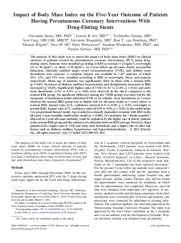 (PDF) Impact of Body Mass Index on the Five-Year Outcome of Patients ...