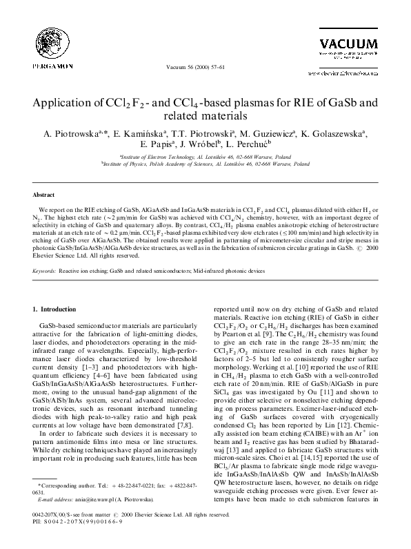 (PDF) Application of CCl2F2- and CCl4-based plasmas for RIE of GaSb and ...