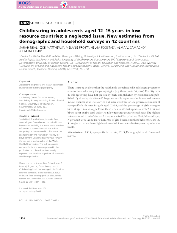 (PDF) Childbearing in adolescents aged 12-15 years in low resource ...