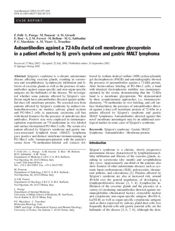 (PDF) Autoantibodies against a 72kDa ductal cell membrane glycoprotein