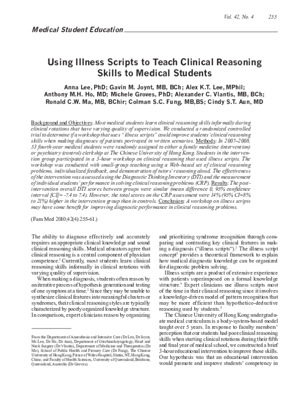 (PDF) Using illness scripts to teach clinical reasoning skills to ...