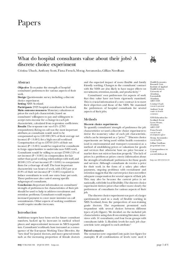  PDF What Do Hospital Consultants Value About Their Jobs A Discrete 
