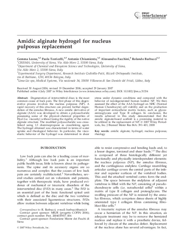 (PDF) Amidic alginate hydrogel for nucleus pulposus replacement