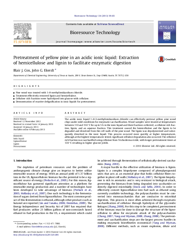 (PDF) Pretreatment of yellow pine in an acidic ionic liquid Extraction