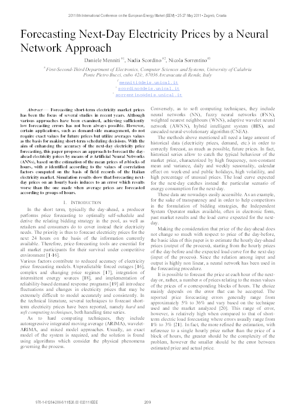 (PDF) Forecasting next-day electricity prices by a neural network approach