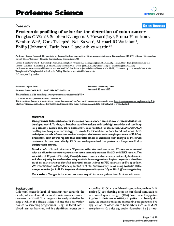 (PDF) Proteomic profiling of urine for the detection of colon cancer