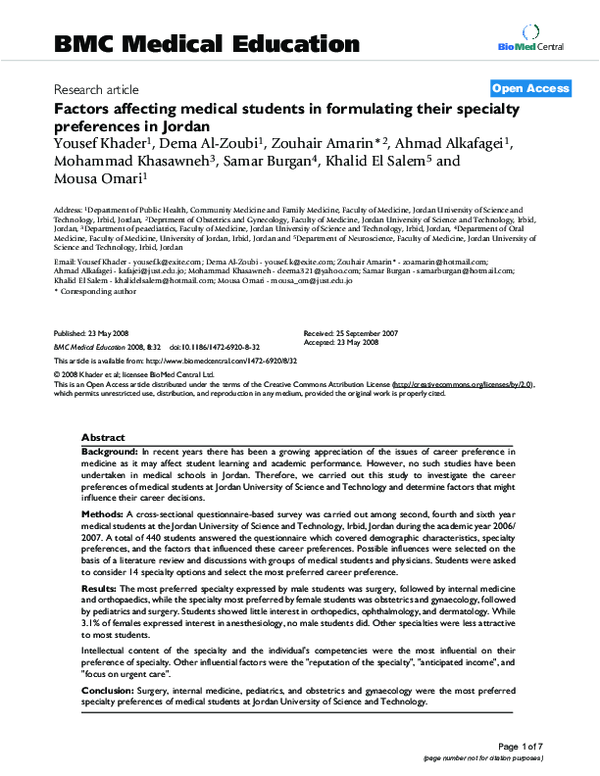 (PDF) Factors affecting medical students in formulating their specialty ...