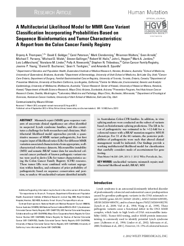 (PDF) A Multifactorial Likelihood Model for MMR Gene Variant ...