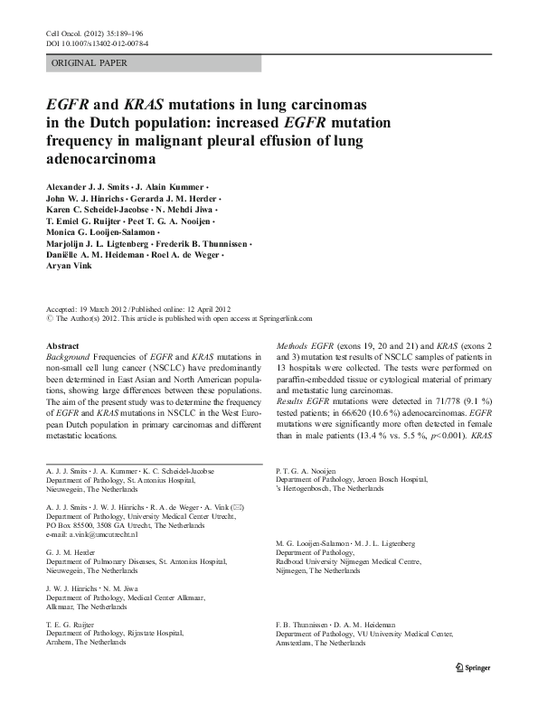 (PDF) EGFR and KRAS mutations in lung carcinomas in the Dutch ...