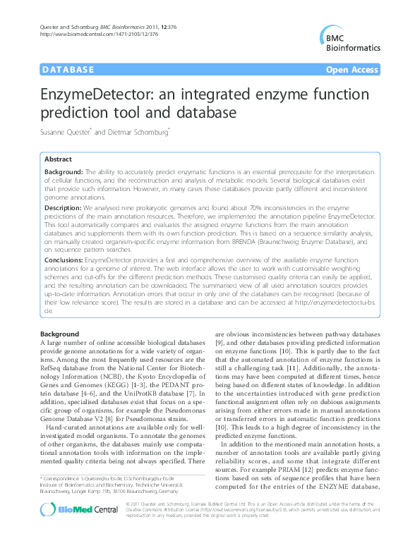 (PDF) EnzymeDetector an integrated enzyme function prediction tool and