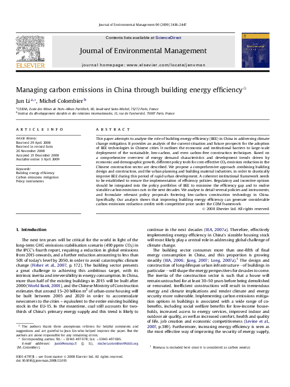 (PDF) Managing carbon emissions in China through building energy efficiency