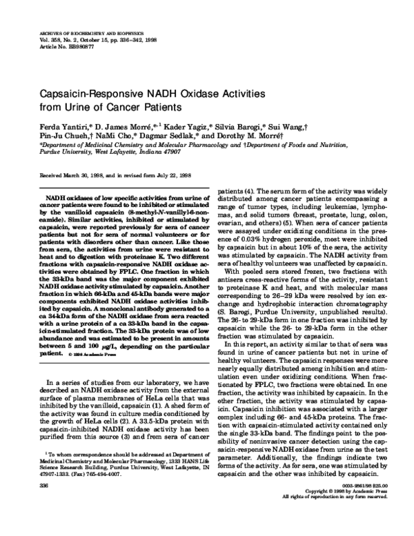 (PDF) CapsaicinResponsive NADH Oxidase Activities from Urine of Cancer Patients Dagmar Sedlak