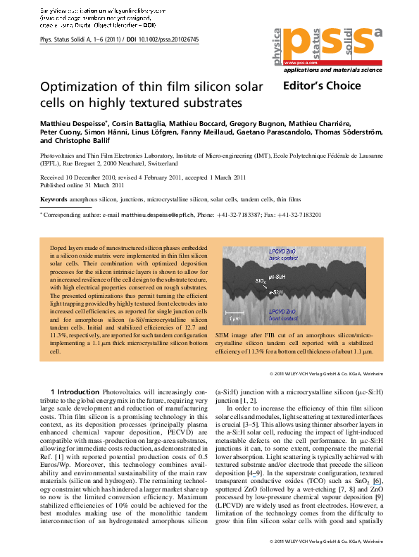 (PDF) Optimization of thin film silicon solar cells on highly textured ...