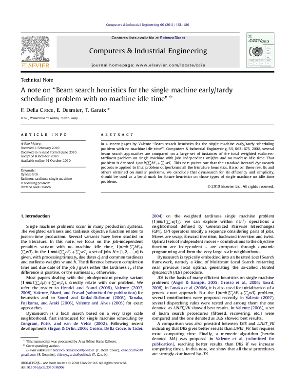 (PDF) A note on “Beam search heuristics for the single machine early ...