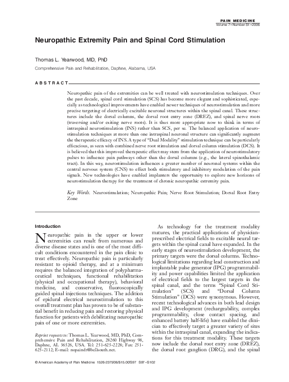 (PDF) Neuropathic Extremity Pain and Spinal Cord Stimulation