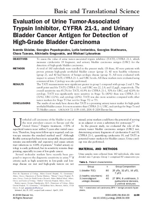 (PDF) Evaluation of Urine TumorAssociated Trypsin Inhibitor, CYFRA 21