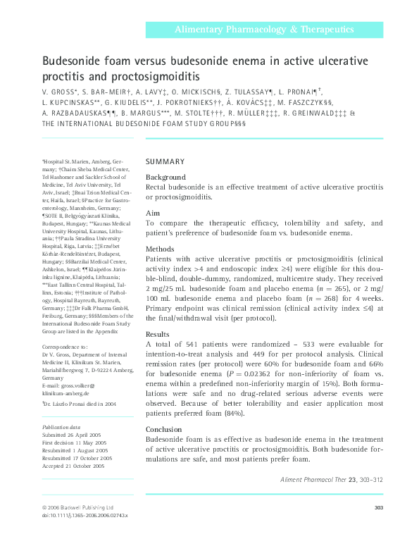 Pdf Budesonide Foam Versus Budesonide Enema In Active Ulcerative Proctitis And Proctosigmoiditis Limas Kupcinskas Academia Edu