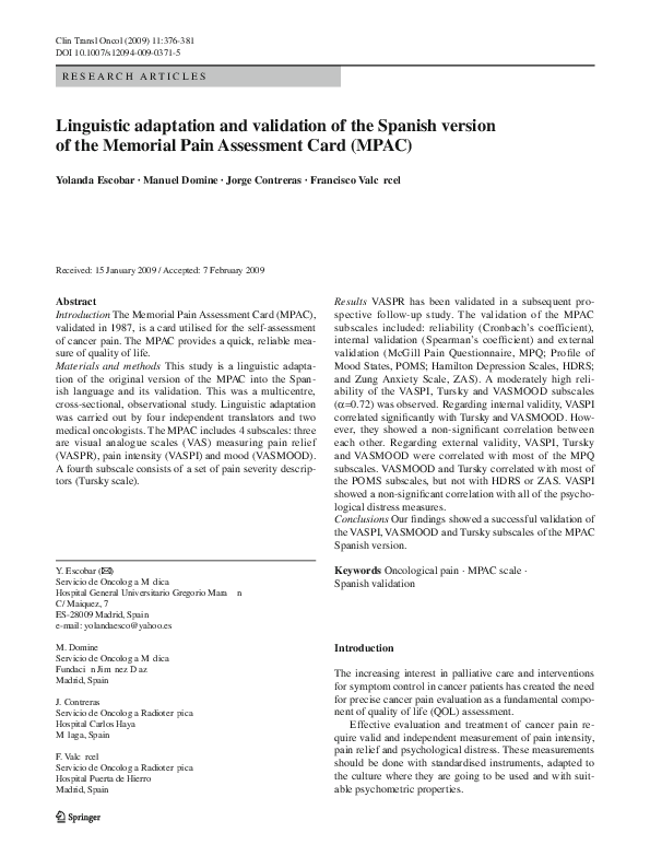 (PDF) Linguistic Adaptation and Validation of the Spanish Version of ...