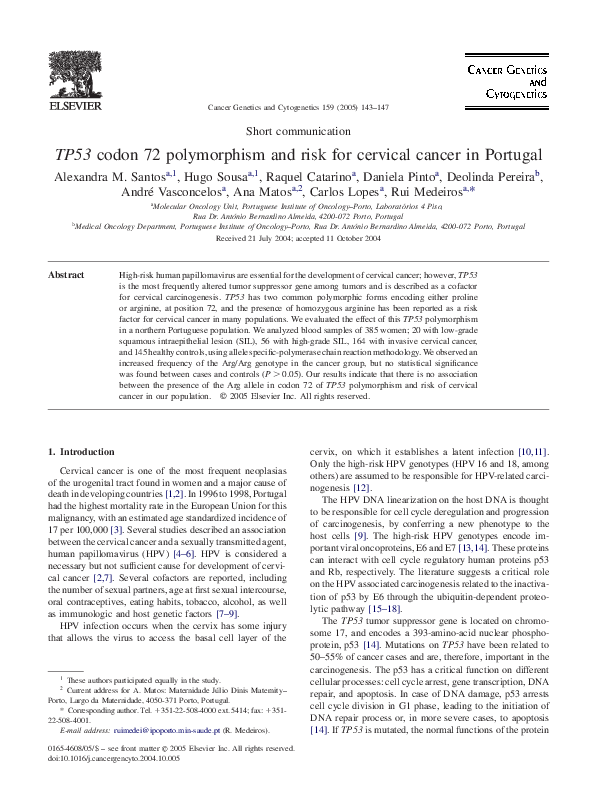 (PDF) TP53 codon 72 polymorphism and risk for cervical cancer in Portugal