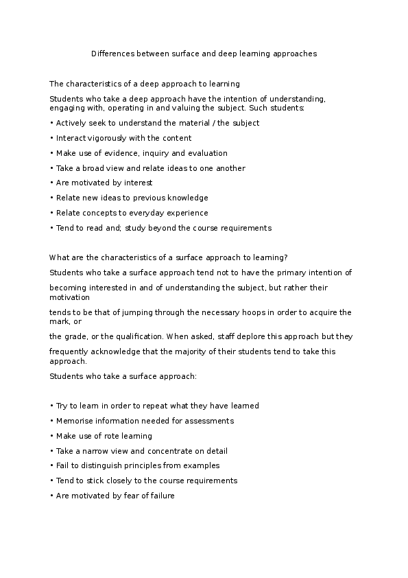 (DOC) Differences between surface and deep learning approaches Ramóna