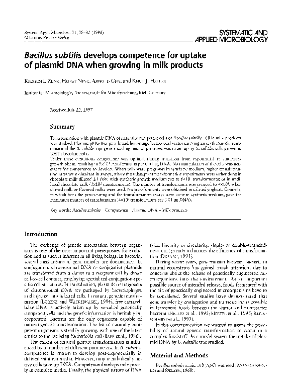 (PDF) Bacillus subtilis develops competence for uptake of plasmid DNA ...