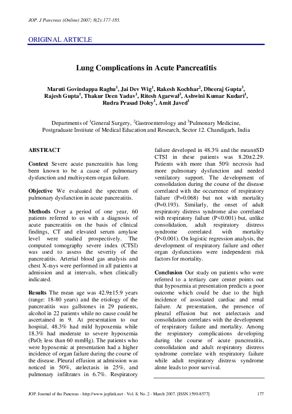 (PDF) Lung complications in acute pancreatitis Rakesh Kochhar