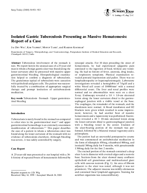 (PDF) Isolated gastric tuberculosis presenting as massive hematemesis