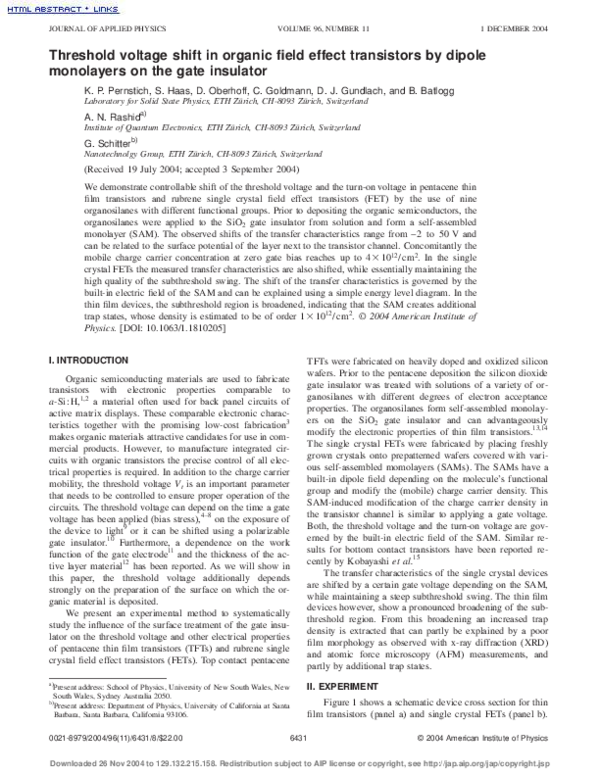(PDF) Threshold voltage shift in organic field effect transistors by ...