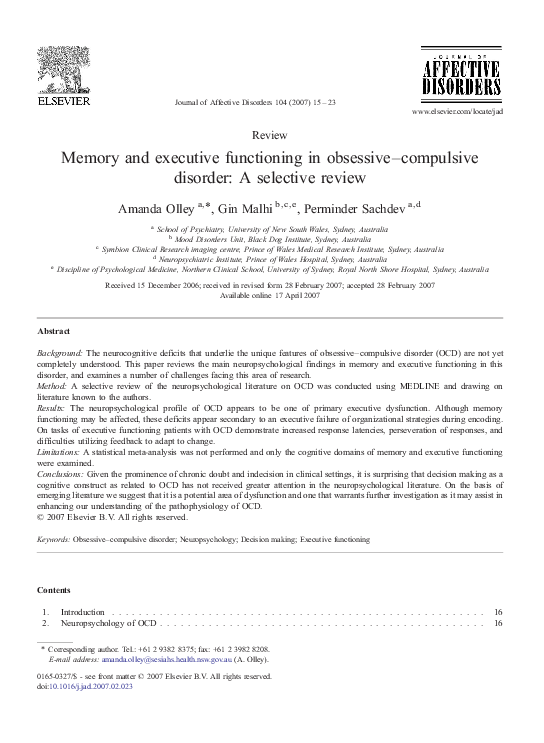 (PDF) Memory and executive functioning in obsessive–compulsive disorder ...