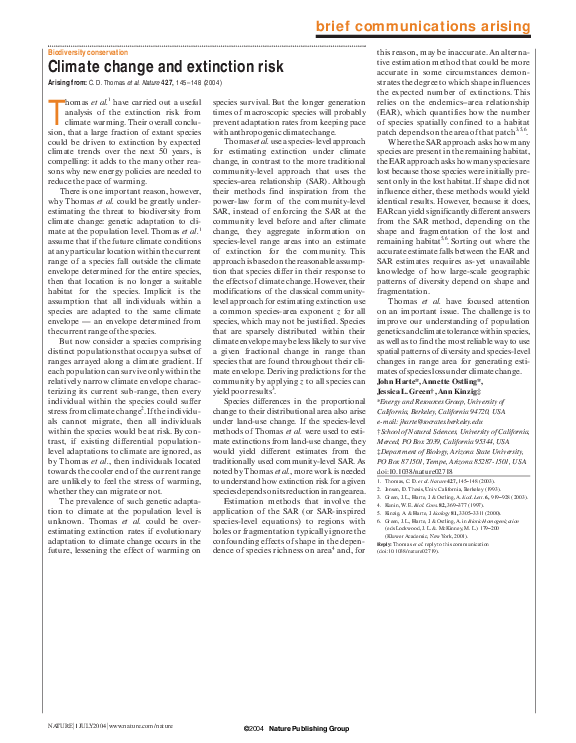 (PDF) Biodiversity Conservation: Climate Change and Extinction Risk
