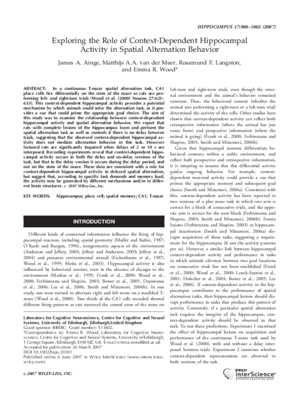 (PDF) Exploring the role of context-dependent hippocampal activity in ...