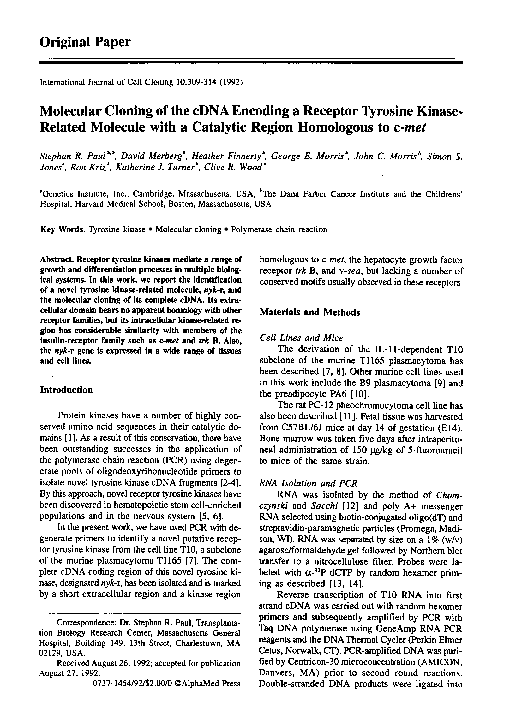 (PDF) Molecular cloning of the cDNA encoding a receptor tyrosine kinase ...