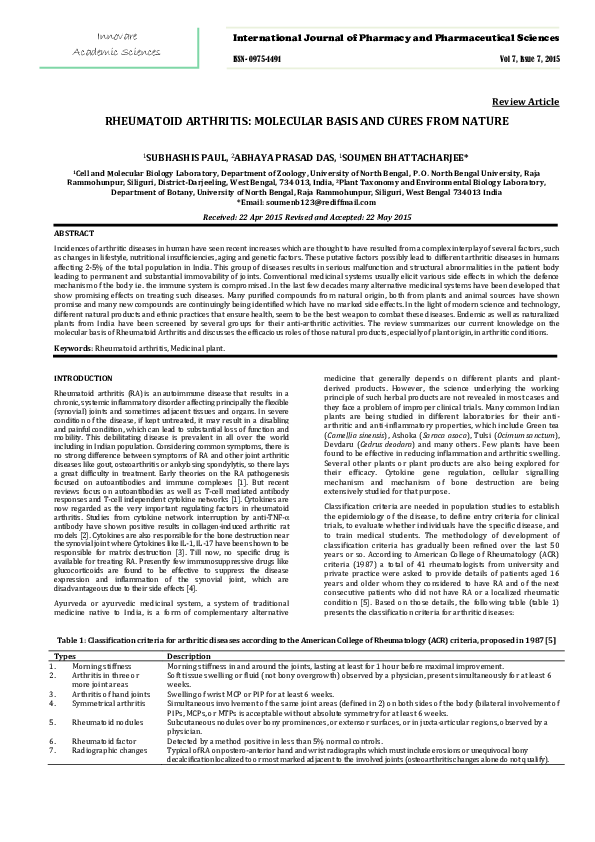 (PDF) RHEUMATOID ARTHRITIS MOLECULAR BASIS AND CURES FROM NATURE Review Article Soumen