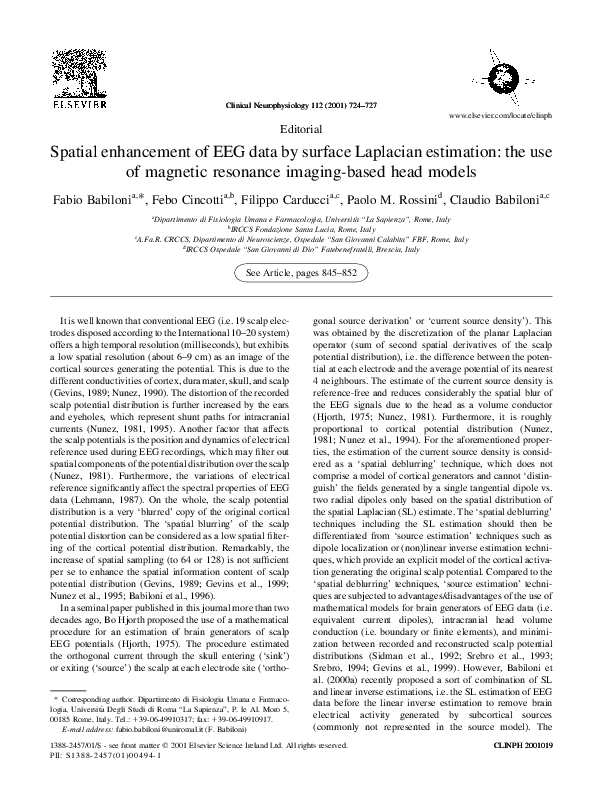 (PDF) Spatial enhancement of EEG data by surface Laplacian estimation