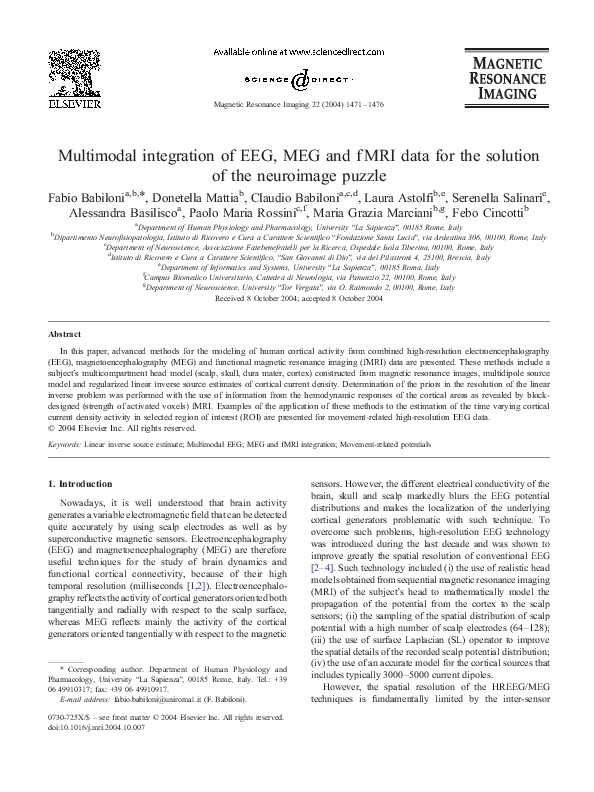 (PDF) Multimodal integration of EEG, MEG and fMRI data for the solution ...