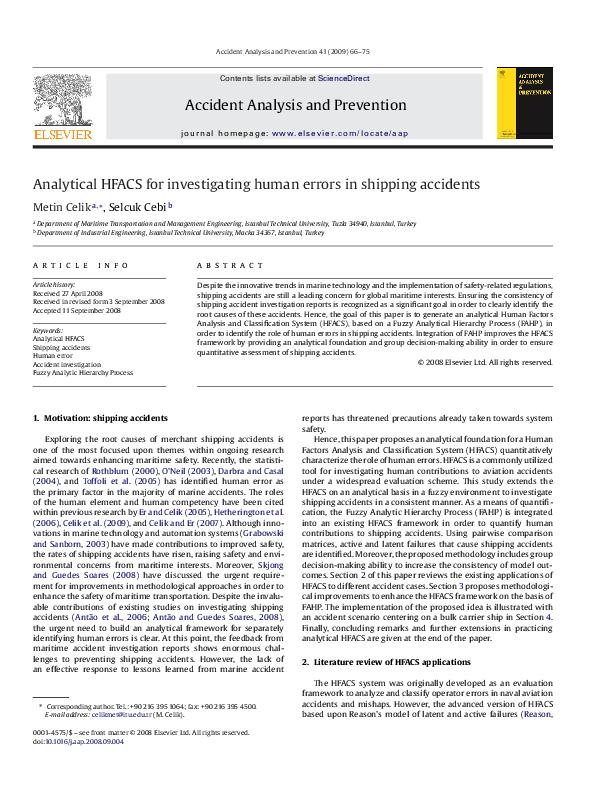 (PDF) Analytical HFACS for investigating human errors in shipping accidents