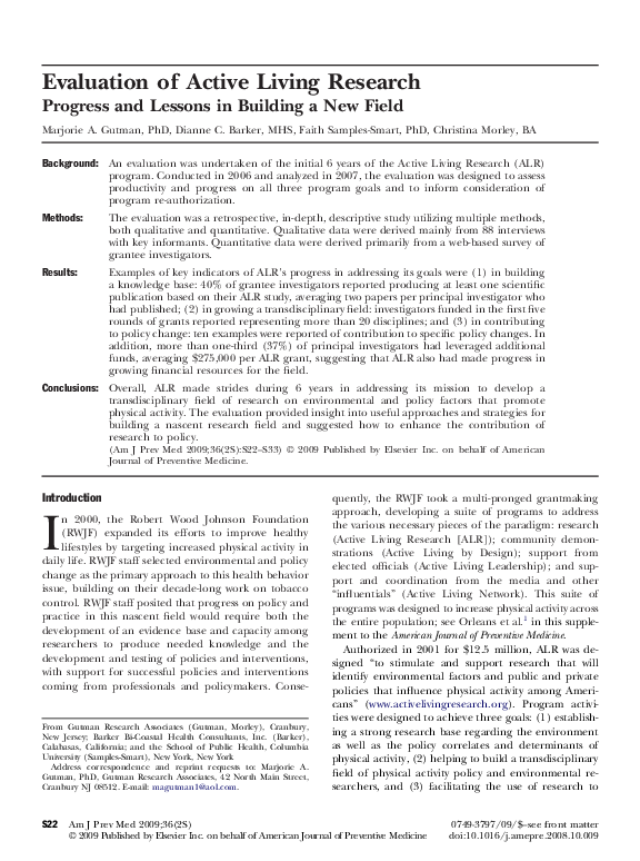 (PDF) Evaluation of Active Living Research Dianne Barker Academia.edu