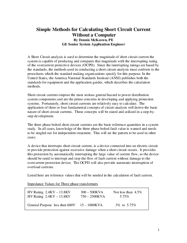 Simple Methods for Calculating Short Circuit Current Without a Computer