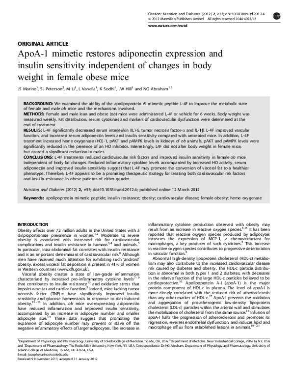 (PDF) ApoA-1 mimetic restores adiponectin expression and insulin ...