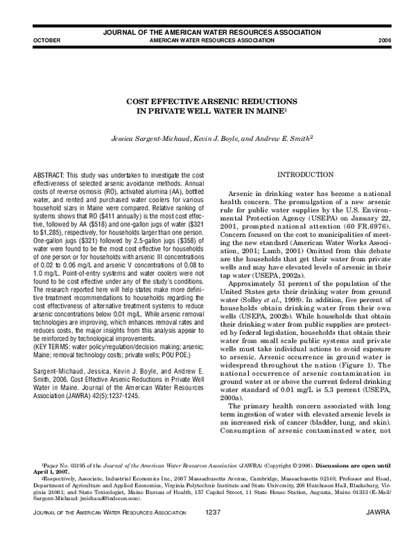 (PDF) COST EFFECTIVE ARSENIC REDUCTIONS IN PRIVATE WELL WATER IN MAINE